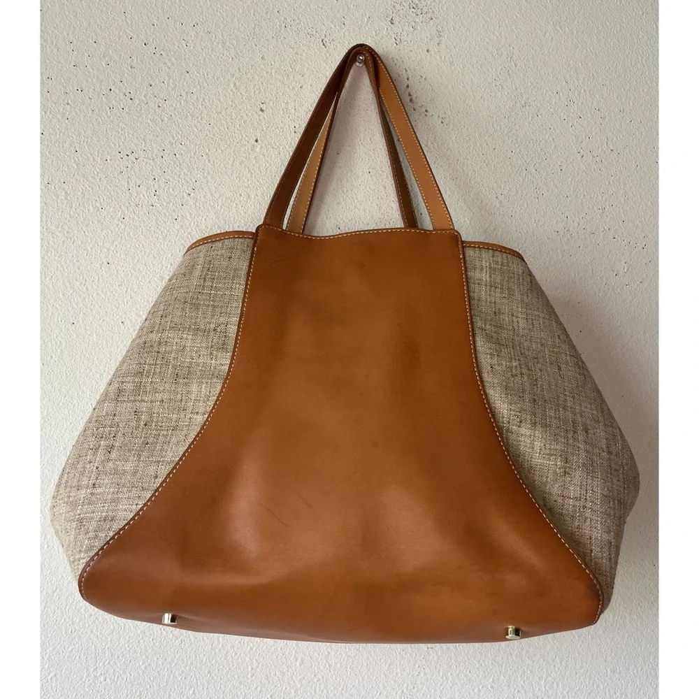J. McLaughlin Tan Leather and Beige Canvas Hobo Bag